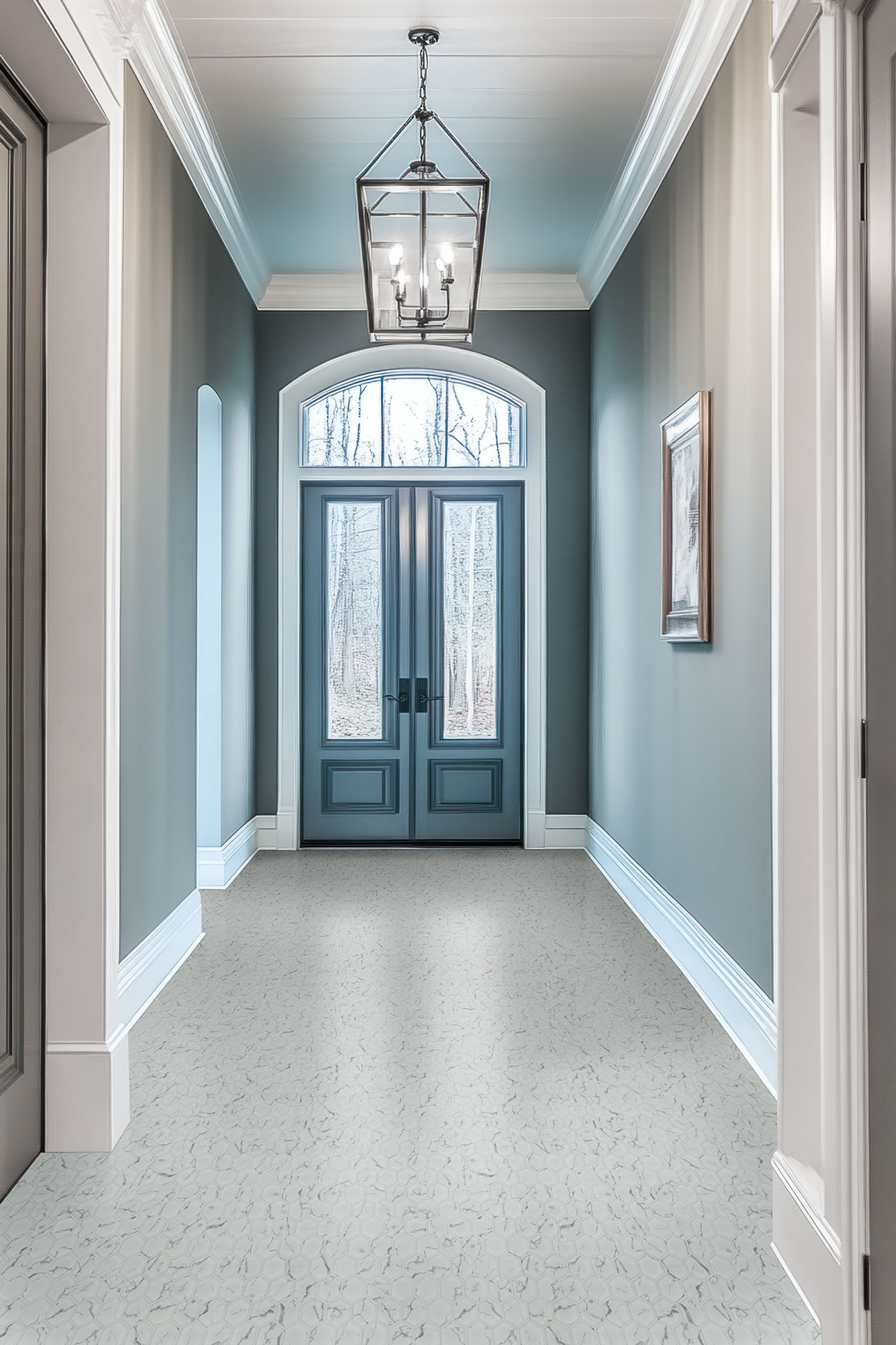 Carrara Matte 2" Hexagon backsplash in a entryway